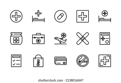 Simple set of medical related vector linear icons. Contains icons such as: pills, first aid kit, medical sign, questionnaire and more. Editable stroke. 48x48 pixels is perfect.