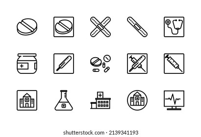 Simple set of medical related vector linear icons. Contains icons such as: pills, first aid kit, medical sign, questionnaire and more. Editable stroke. 48x48 pixels is perfect.