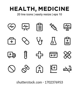 simple set of medication / health line icons, containing icons such as pills, doctor's boxes, injections, ambulances and others.