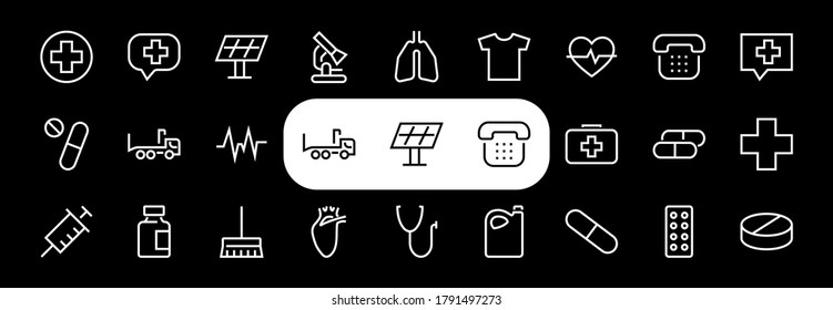 A simple set of medicine ICONS, contains medicine icons, pills, related vector line icons. thin lines, pain, syringe, lungs, microscope, cardiogram, virus and much more. Editable stroke