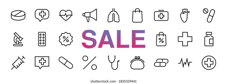 A simple set of medicine ICONS, contains medicine icons, pills, related vector line icons. thin lines, pain, syringe, lungs, microscope, cardiogram, virus and much more. Editable stroke black friday