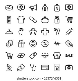 A simple set of medicine ICONS, contains medicine icons, pills, related vector line icons. thin lines, pain, syringe, lungs, microscope, cardiogram, virus and much more. Editable stroke