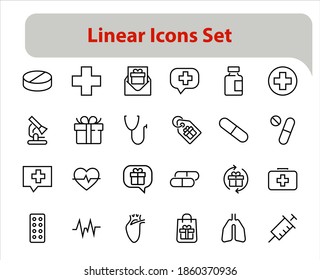 A simple set of medicine ICONS, contains medicine icons, pills, related vector line icons. thin lines, pain, syringe, lungs, microscope, cardiogram, virus and much more. Editable stroke