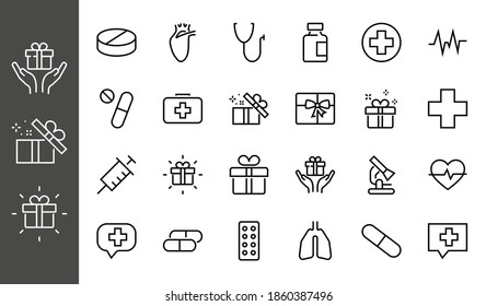 A simple set of medicine ICONS, contains medicine icons, pills, related vector line icons. thin lines, pain, syringe, lungs, microscope, cardiogram, virus and much more. Editable stroke