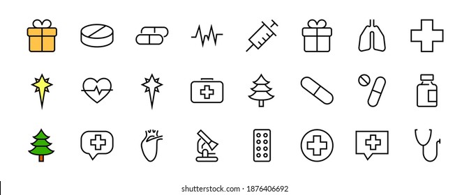 A simple set of medicine ICONS, contains medicine icons, pills, related vector line icons. thin lines, pain, syringe, lungs, microscope, cardiogram, virus and much more. Editable stroke