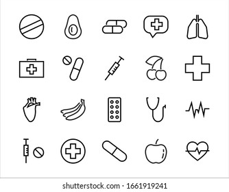  Simple Set of Medicine, Pills Related Vector Line Icons. Contains icons such as Pain, Syringe, tablet and more. Editable stroke. 480x480 pixels perfect, on a white background.