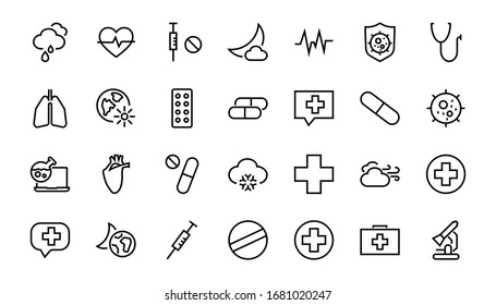  Simple Set of Medicine, Pills Related Vector Line Icons. Contains icons such as Pain, Syringe, tablet and more. Editable stroke. 480x480 pixels perfect, on a white background.