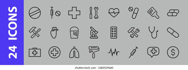  Simple Set of Medicine, Pills Related Vector Line Icons. Contains icons such as Pain, Syringe, tablet and more. Editable stroke. 480x480 pixels perfect, on a white background.