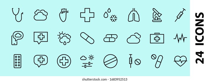Simple Set of Medicine, Pills Related Vector Line Icons. Contains icons such as Pain, Syringe, tablet and more. Editable stroke. 480x480 pixels perfect, on a white background.