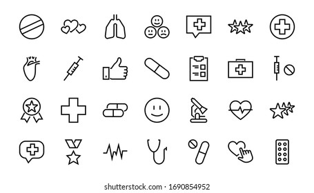 Simple Set of Medicine, Pills Related Vector Line Icons. Contains icons such as Pain, Syringe, tablet and more. Editable stroke. 480x480 pixels perfect, on a white background.