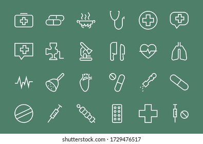 Simple Set of Medicine, Pills Related Vector Line Icons. Contains icons such as Pain, Syringe, tablet and more. Editable stroke. 480x480 pixels perfect, on a white background.