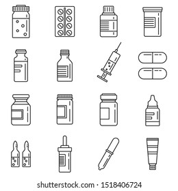 Simple set of medicine pills vector outline icons. Pharmaceutical products with tablets, pills, syrup, syringe and others