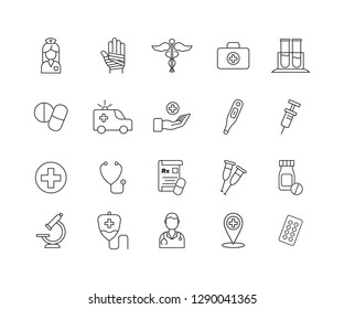 Simple Set of Medicine Related Vector Line Icons. Contains such Icons as healthcare symbol, pills, doctor and more.