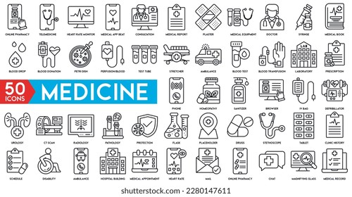 simple set medicine vector line icon online pharmacy, Telemedicine, heart rate monitor, medical app beat, consultation, medical report and plaster