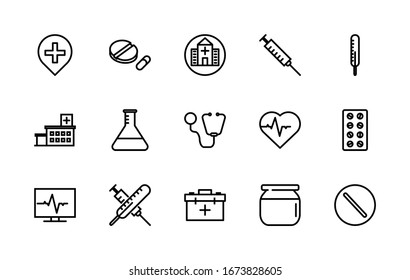 A simple set of medicine-related vector line icons. Contains icons such as: tablet, hospital, pulse, flask, syringe, first aid kit, thermometer, and more. Editable Stroke. 48x48 pixels is perfect.