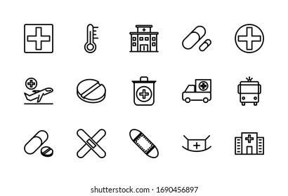 A simple set of medicine-related vector linear icons. Contains icons such as: hospital, ambulance, tablet, mask, thermometer and more. Editable Stroke. 48x48 pixels is fine.
