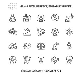 Conjunto simple de iconos de línea de vectores relacionados con la meditación. Contiene iconos como la atención, el equilibrio, la sesión de meditación grupal y más. Stroke editable. 48x48 Pixel Perfecto.
