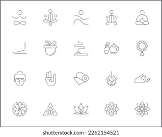 Simple Set of meditation Related Vector Line Icons. Vector collection of lotus, relaxation, wellness, zen, meditate, mind, asana and design elements symbols or logo element.