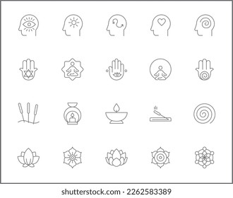 Simple Set of meditation Related Vector Line Icons. Vector collection of lotus, relaxation, wellness, zen, meditate, mind, asana and design elements symbols or logo element.