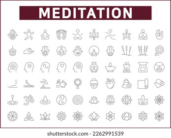 Simple Set of meditation Related Vector Line Icons. Vector collection of lotus, relaxation, wellness, zen, meditate, mind, asana and design elements symbols or logo element.