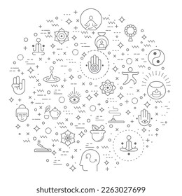 Simple Conjunto de iluminación de líneas vectoriales relacionadas con la meditación. Contiene íconos como loto, relajación, bienestar, zen, meditación, mente, asana y otros elementos.