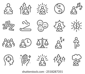 Conjunto simple de iconos de línea de Vector relacionados con la meditación. Contiene íconos como Mindfulness, Balance, Sesión de Meditación en Grupo y más. Trazo Editable.