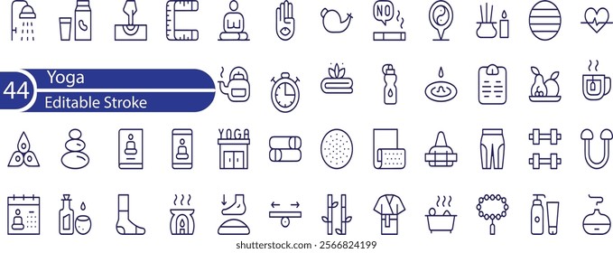 Simple Set of Meditation Related Vector Line Icons. Contains such Icons as Mindfulness, Balance, Group Meditation Session and more