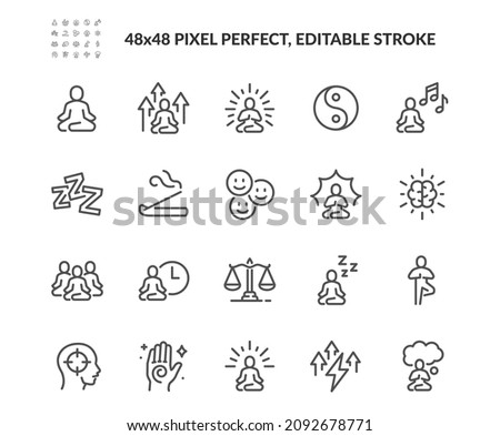 Simple Set of Meditation Related Vector Line Icons. Contains such Icons as Mindfulness, Balance, Group Meditation Session and more. Editable Stroke. 48x48 Pixel Perfect. Foto d'archivio © 