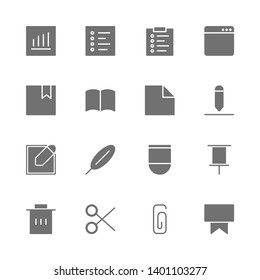 Simple Set of Memo note elemets Related Vector  solid silhouette Icons. Contains such as book, notebook, paper, page, pen, pencil, pin, bin, eraser, clip, printer, read, write and more. illustration.