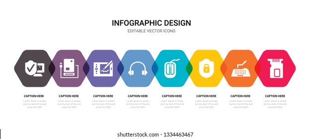 simple set of memory card, keyboard, security, mouse icons, contains such as icons headphones, graphic tablet, hard disk, shield and more. 64x64 pixel perfect. editable vector set
