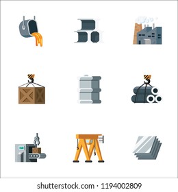 Simple Set Metal Production And Metalworking Factory Vector Line Icon. Contains Such Icons Metal Smelting, Plant, Industry, Manufacturing, Conveyor, Tower Crane, Loading, Unloading