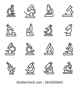 Simple set of microscope modern thin line icons. Trendy design. Pack of stroke icons. Vector illustration isolated on a white background. Premium quality symbols.
