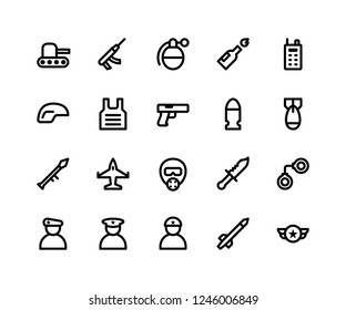 Conjunto simple de iconos de línea de Vector relacionados con militares. Contiene iconos como ejército, pistola, granada, molotov, bala, cohete y más. iconos vectoriales de píxeles perfectos basados en cuadrícula de 32px. Trazos editables