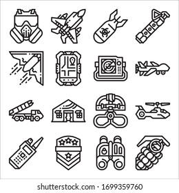 Conjunto simple de iconos de línea de vectores relacionados con el ejército