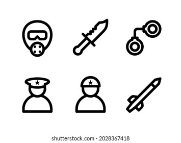 Conjunto simple de iconos de línea de vectores relacionados con el ejército. Contiene íconos como máscara de gas, cuchillo, esposas, soldado y más.