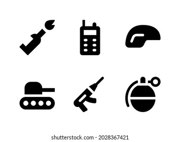 Conjunto simple de iconos sólidos vectoriales relacionados con el ejército. Contiene íconos como casco, tanque, granada, molotov y más.