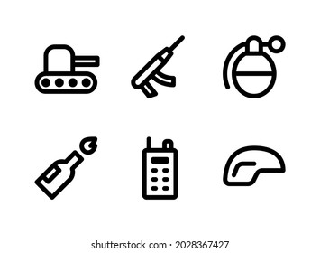 Simple Set of Military Related Vector Line Icons. Contains Icons as Tank, Grenade, Molotov, Helmet and more.