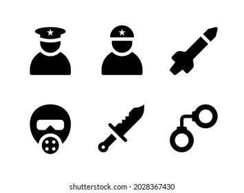Einfache Sammlung militärischer Vektor-Solid-Symbole. Enthält Symbole wie Soldat, Gasmaske, Messer, Handschellen und mehr.