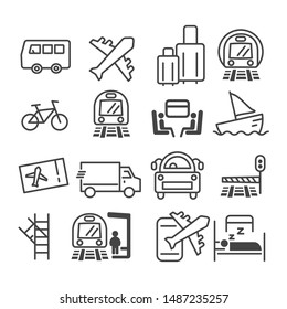 Simple set of minimal public transport related icon such as airplane, bus, train, air mail delivery symbol isolated. Modern outline on white background