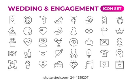 Simple Set of Minimal Wedding Related Vector Line Icons. The wedding outline icon set includes thin line rose, candle, marriage, bouquet, groom, tent, dove icons for report, presentation, and diagram.