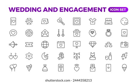 Simple Set of Minimal Wedding Related Vector Line Icons. The wedding outline icon set includes thin line rose, candle, marriage, bouquet, groom, tent, dove icons for report, presentation, and diagram.