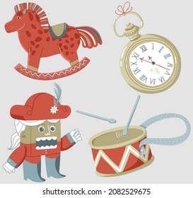 Simple set of minimalistic illustrations with Nutcracker, toy horse and drums, and pocket five minutes to twelve clock