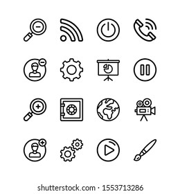 Simple Set of Miscellaneous Elements Related Vector Line Icons. Contains such Icons as zoom out, rss, power button, phone call, user, settings, presentation, pause, zoom in and more.