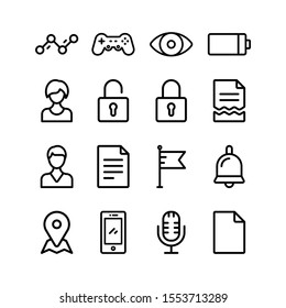 Simple Set of Miscellaneous Elements Related Vector Line Icons. Contains such Icons as line chart, gamepad, eye, battery, user, padlock, file, flag, bell, placeholder, smartphone, microphone.