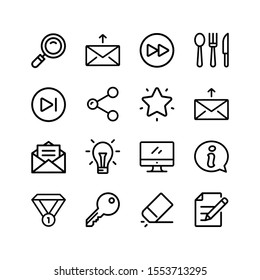 Simple Set of Miscellaneous Elements Related Vector Line Icons. Contains such Icons as loupe, mail, fast forward, cutlery, next, share, favorites, message, idea, monitor, information and more.
