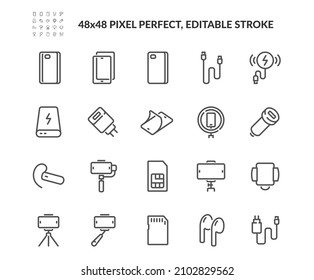 Simple Set of Mobile Accessories Related Vector Line Icons. 
Contains such Icons as Wireless Charger, Tripod, Studio Ring Light and more. Editable Stroke. 48x48 Pixel Perfect. - Shutterstock ID 2102829562
