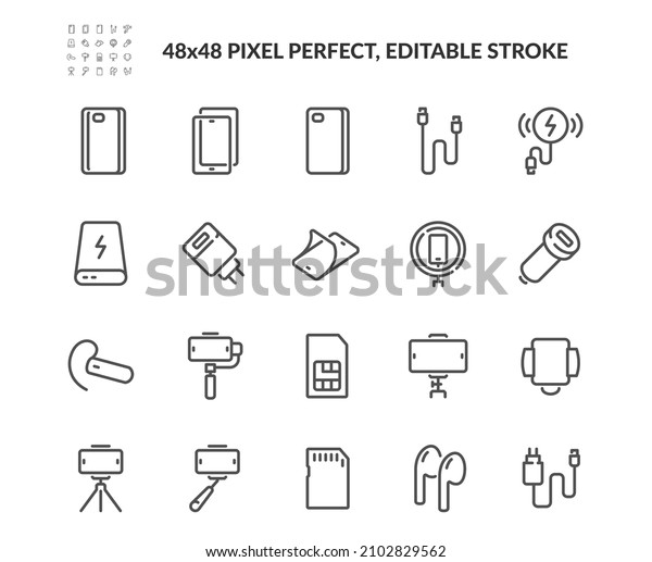 Simple Set of\
Mobile Accessories Related Vector Line Icons. \
Contains such Icons\
as Wireless Charger, Tripod, Studio Ring Light and more. Editable\
Stroke. 48x48 Pixel\
Perfect.