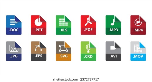 Simple set of modern File type icons. File formats in flat design. File and documents extensions. Icons for download on computer. Graphic templates for ui. Vector illustration. 