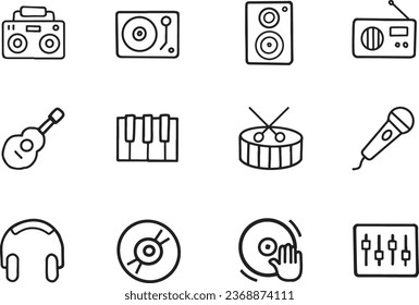 Simple set modern and retro music equipment illustration line icon. Contains such icons notes, microphone, music speaker, tape recorder, equalizer, headphones, vintage vinyl disc and player