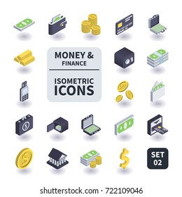 Simple Set Of Money And Finance Icons In Flat Isometric 3D Style. Contains Such Icons As Bank Card, Coins, Safe, Gold Bar, Wallet And More.